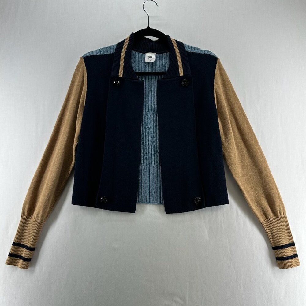 Cabi 3703 Turn Back Cardigan Womens S Open Front Knit Jacket Colorblock Navy Tan